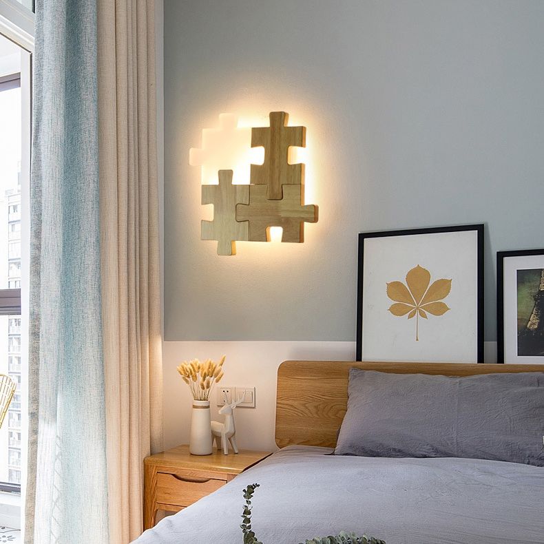Creative Puzzles-shaped LED Wall Lamp Nordic Minimalism Rubber Wood Home Decorative Sconce Lights for Bedroom