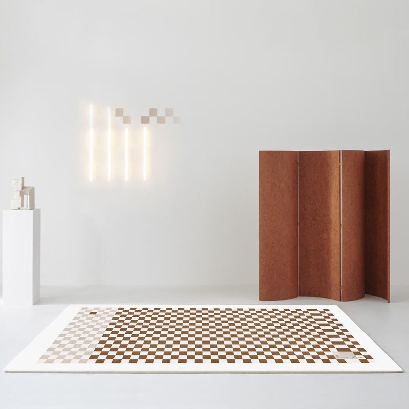 Brown Square Grid Rug Blended Modern Rug Washable Rug for Living Room