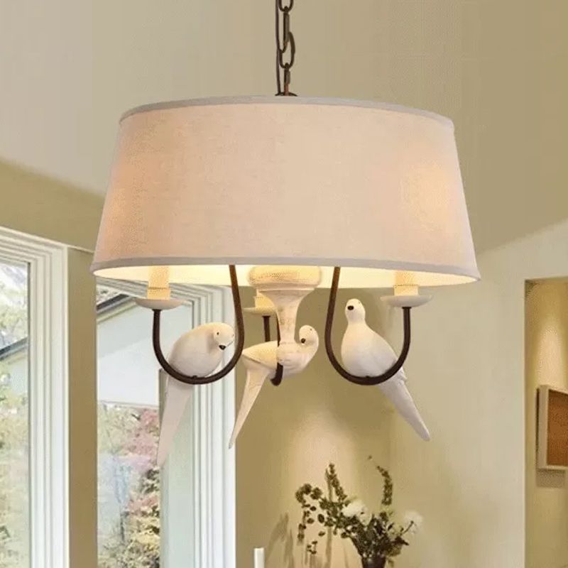 Fabric Beige Pendant Lamp Drum 3 Lights Vintage Chandelier Light Fixture for Bedroom with Bird