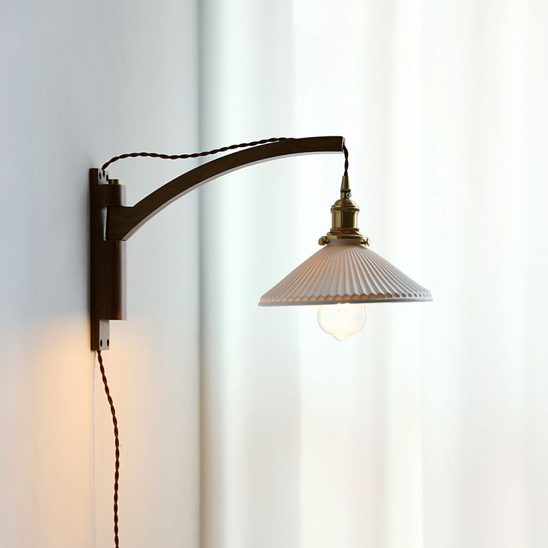 Wood Flared Wall Lighting Contemporary Style 1 Light Wall Light Fixture in White