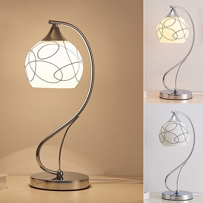 Silver Gooseneck Table Lamp Minimalist 1-Light Metal Table Light with Spherical White Glass Shade