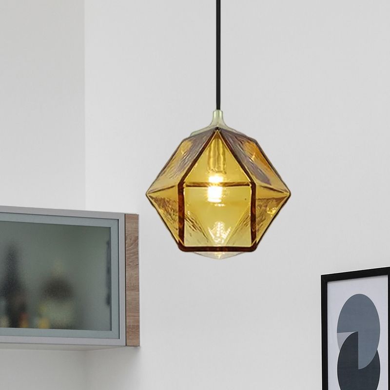 Hexagon Ceiling Lamp Modernism Cognac Glass 1 Bulb Dining Room Hanging Pendant Light