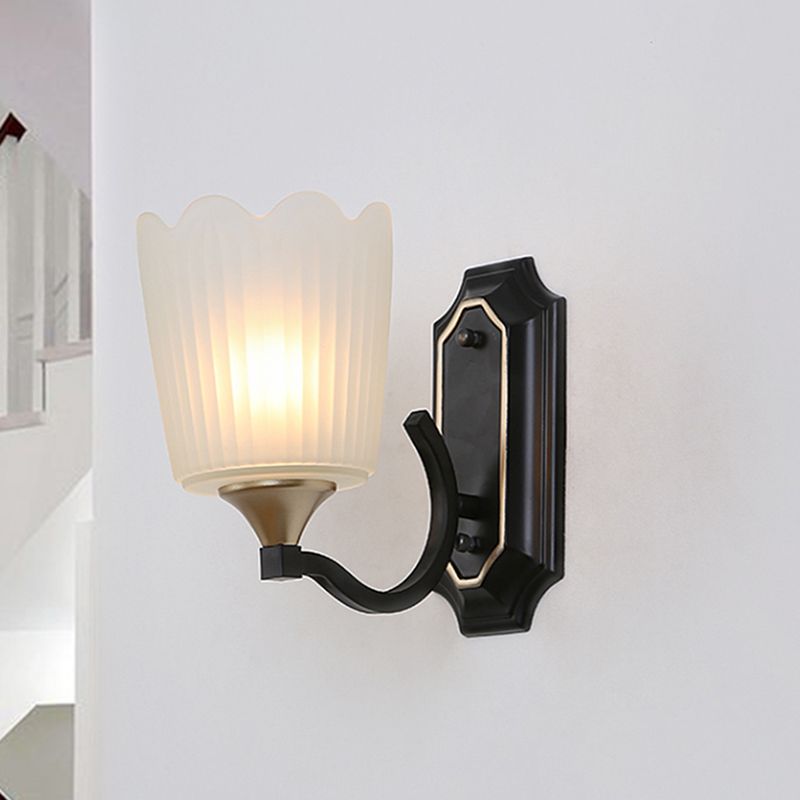 1/2-Light Scalloped Cup Wall Light Sconce Vintage Black Finish Frosted Glass Wall Mount Lamp