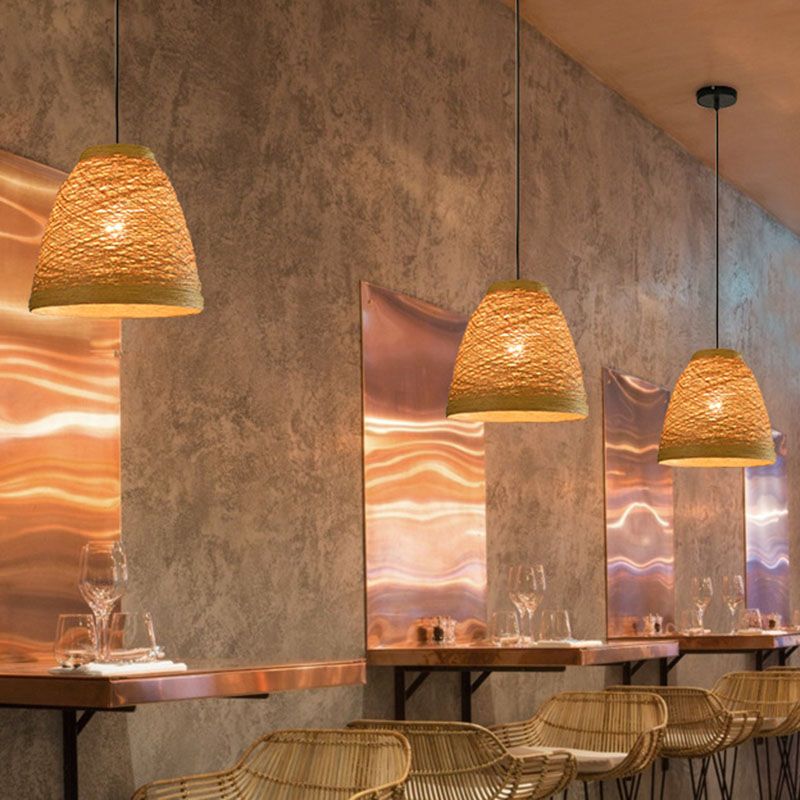 Weaving Bell Hanging Lamp Asian Style Rattan 1 Bulb Snack Bar Suspension Pendant Light