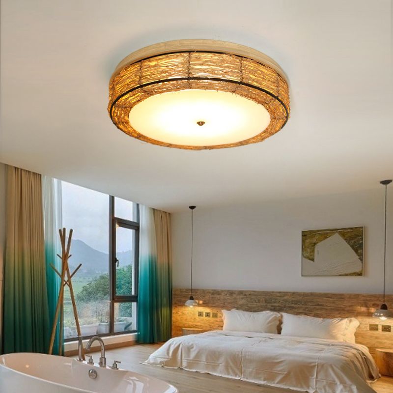 Ronde Vorm Plafondlamp Aziatische Stijl Rotan 3 Lichten Flush Mount voor Slaapkamer