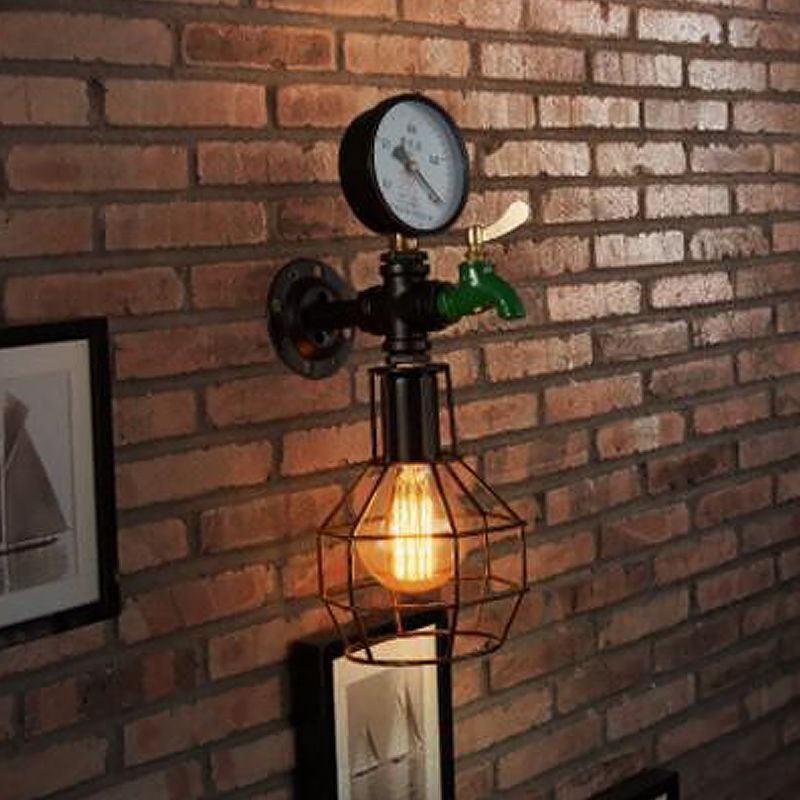 1-Light Water-Tap Wall Light Industrial Black and Green Metal Wall Mounted Lamp with Gauge and Cage