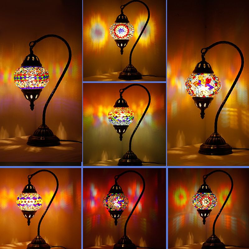 Asian Lantern Nightstand Light 1 Bulb Hand Cut Glass Night Lamp with Gooseneck Arm for Drawing Room