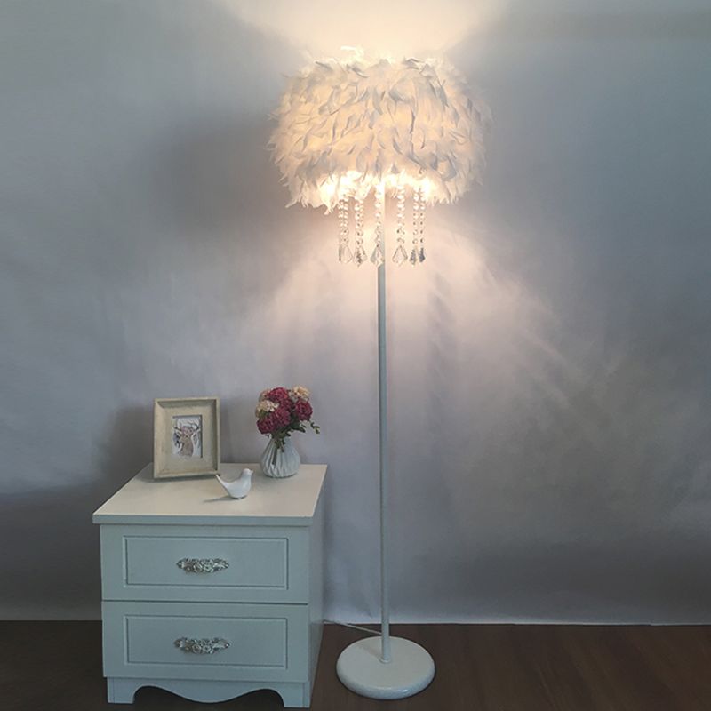 Feather Drum Standing Floor Light Modern 16"/18" W 1 Head White Floor Lamp with/without Draping Crystal
