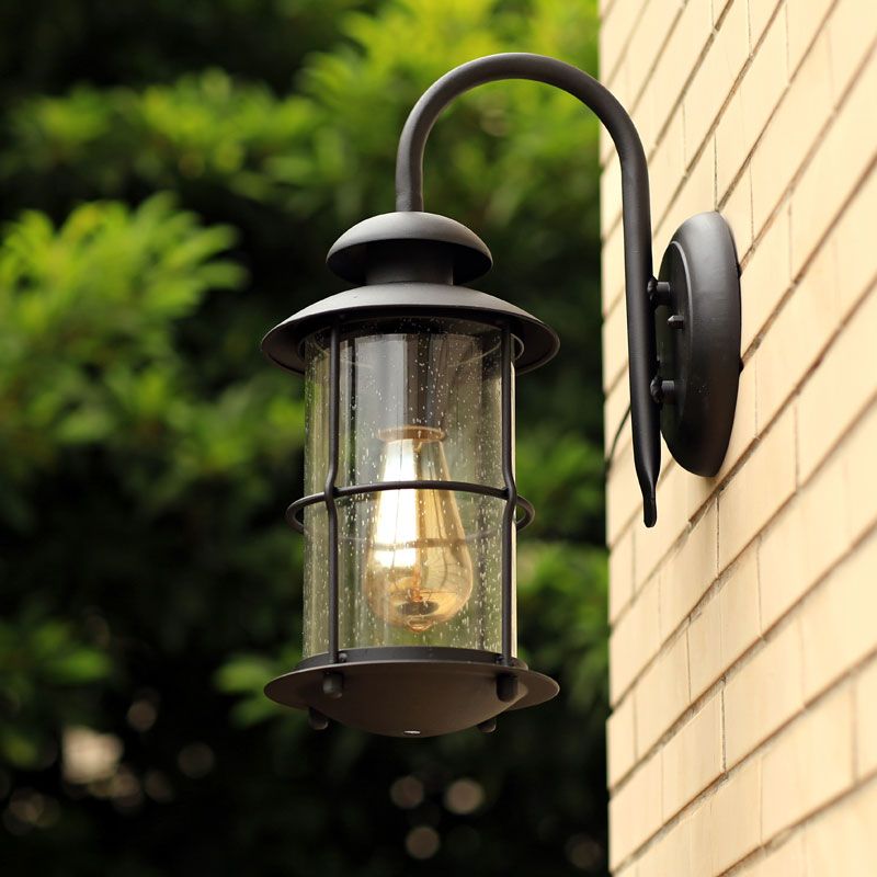 Cylinder Shaped Clear Glass Wall Mount Light Retro 1-Light Outdoor Wall Lighting in Black