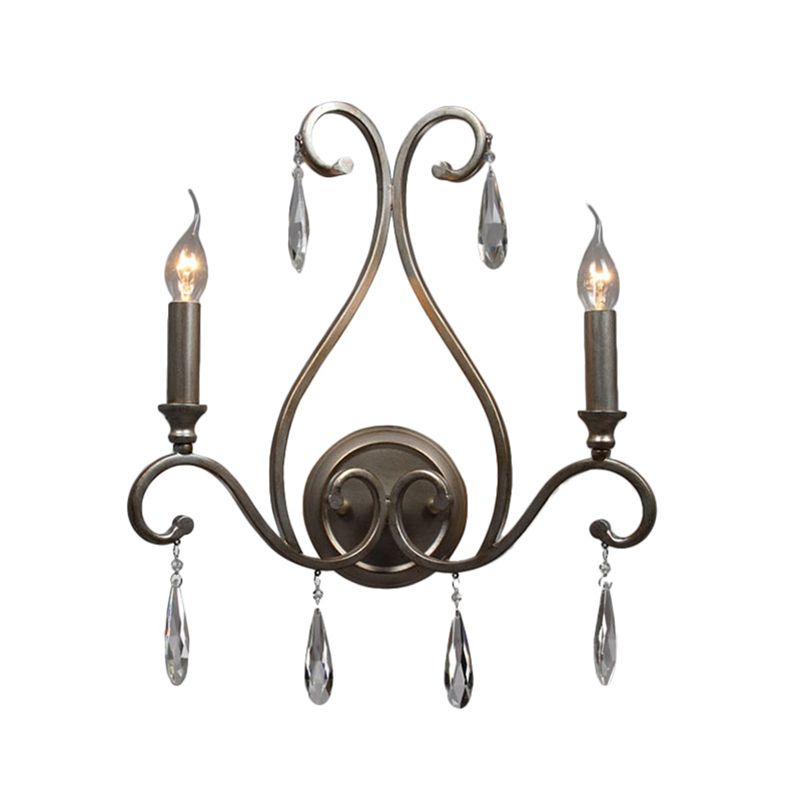 Candle Wall Lamp Vintage Stylish Wrought Iron 2 Lights Silver Wall Light Fixture with Clear Crystal Accent