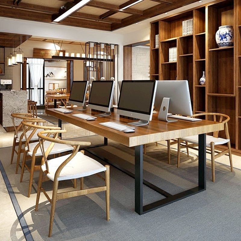 Rechthoekige schroefbasis industriële tafel houten kleur vaste tafel met massief hout