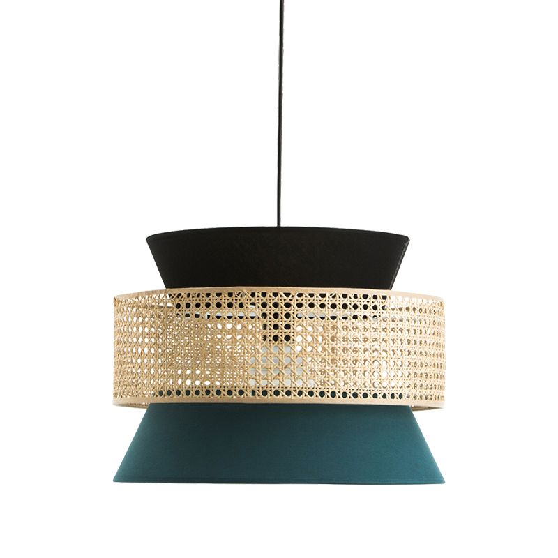 Hourglass Restaurant Ceiling Hang Fixture Fabric 1 Light Modern Pendant Light in Black and Blue with Rattan Decor