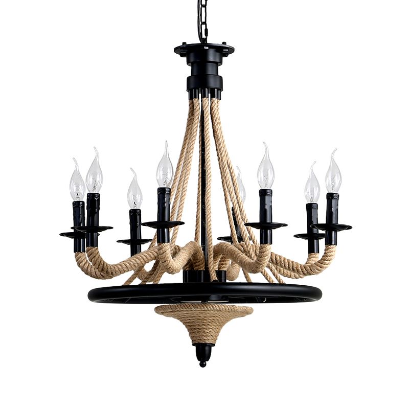 Cougie de corde suspendue Chandelier Farmhouse 8 Bulbes Restaurant Pendant Light en noir avec conception de roues
