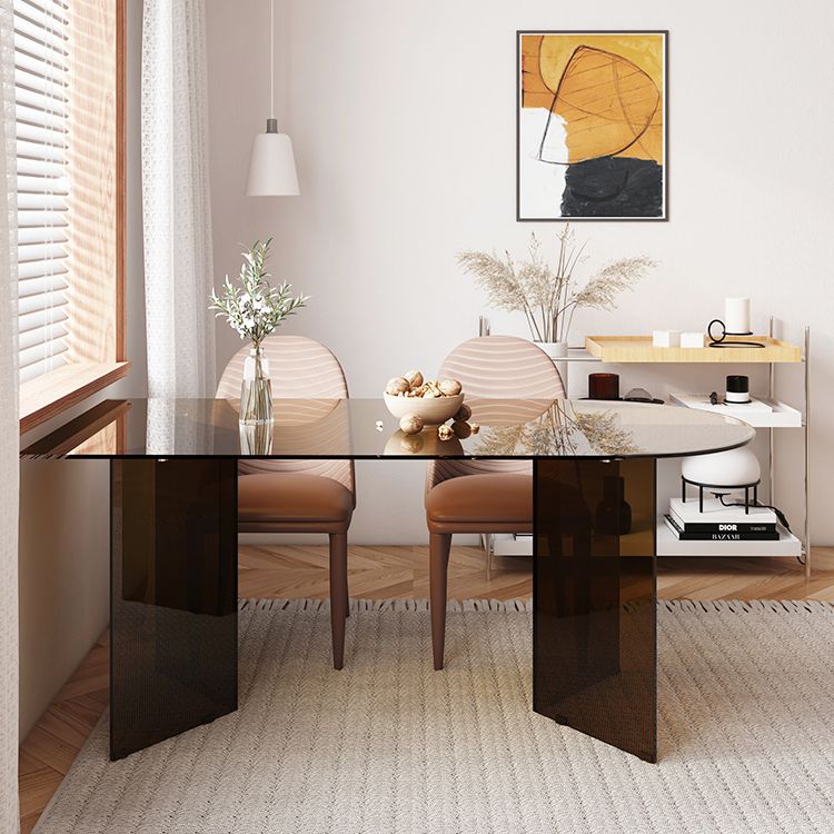 Contemporary Dining Table Tempered Glass Dining Table with Double Pedestal for Dining