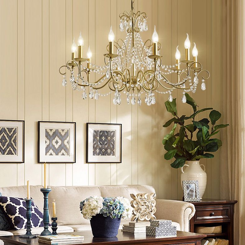 American Rustic Style Chandelier Light with Clear Crystal Drops Multi-lights Vintage Dining Room Lighting Fixture