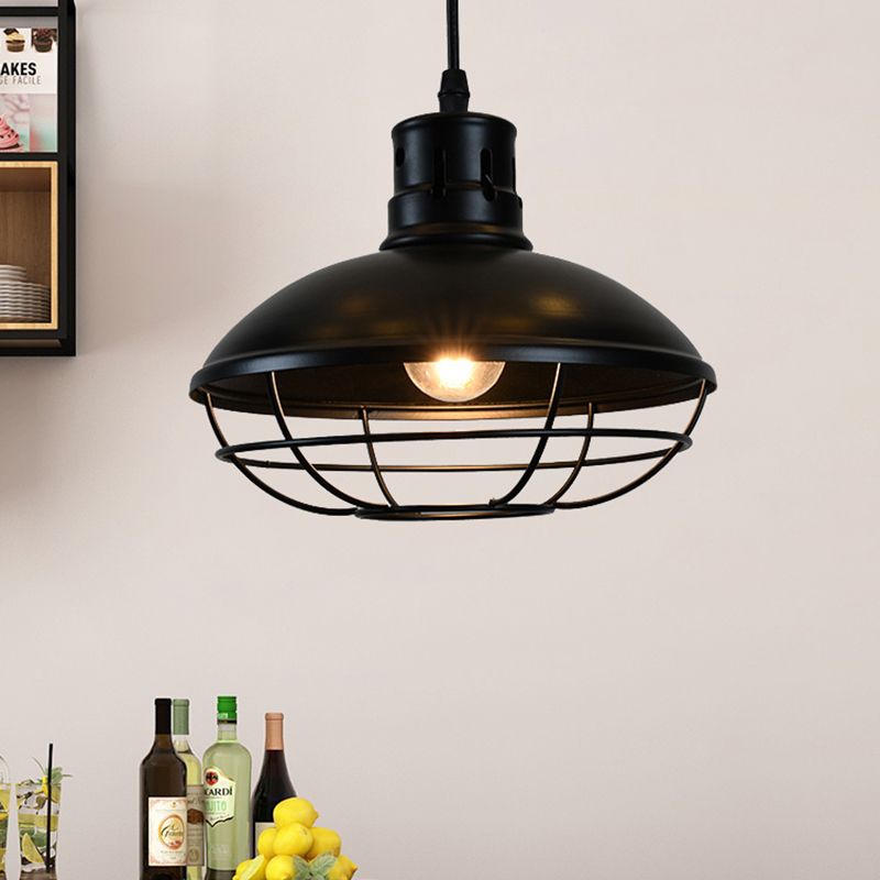 Dome Caged Metal Pendant Lamp Vintage 1 Bulb Kitchen Island Hanging Light Fixture in Black