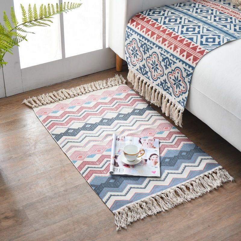 Boho-Chic Fringe Carpet Ameicana Pattern Rug Cotton Blend Area Rug for Bedroom