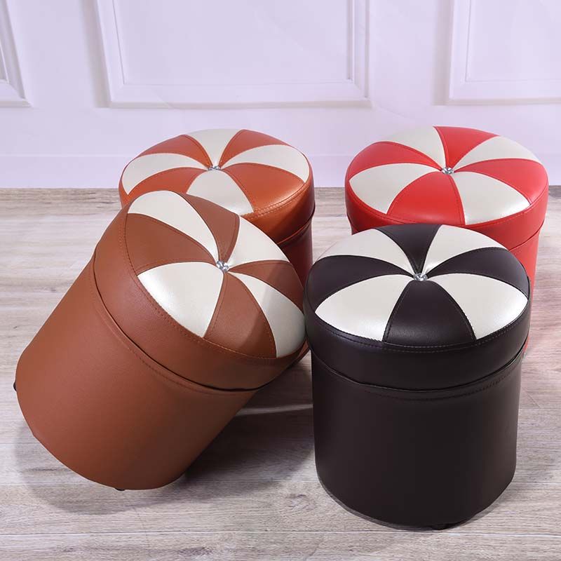 Minimalist Round Ottoman Contrast Panel Faux Leather Indoor Round Chair Ottoman