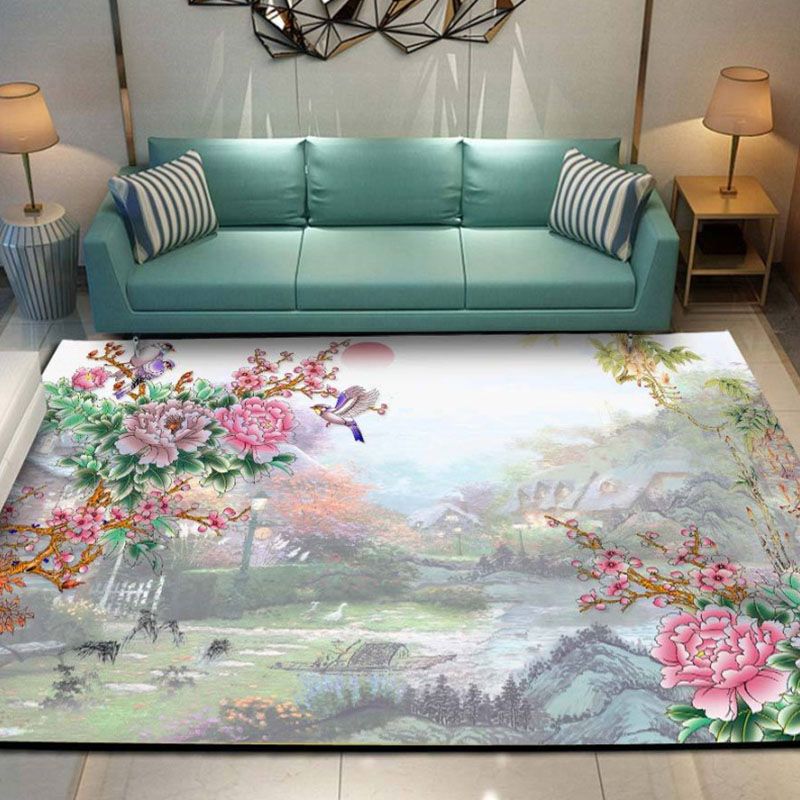 Grey Plant Print Area Carpet Modern Polyester Area Rug Anti-Slip Washable Rug for Living Room
