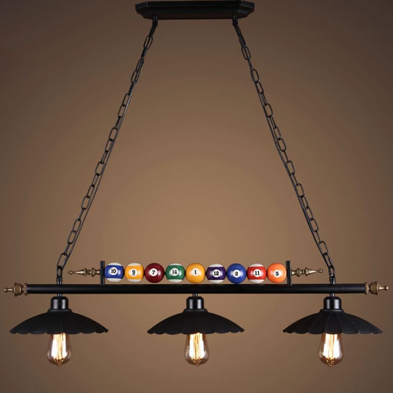 Black 3-Light Suspension Lamp Industrial Metal Linear Island Light with Shade and Billiard Balls