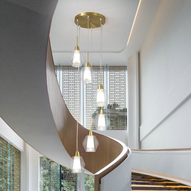 Duidelijke met de hand geblazen glazen gearceerde multi -plafondlamp Noordse stijl gouden suspensieverlichting voor trap