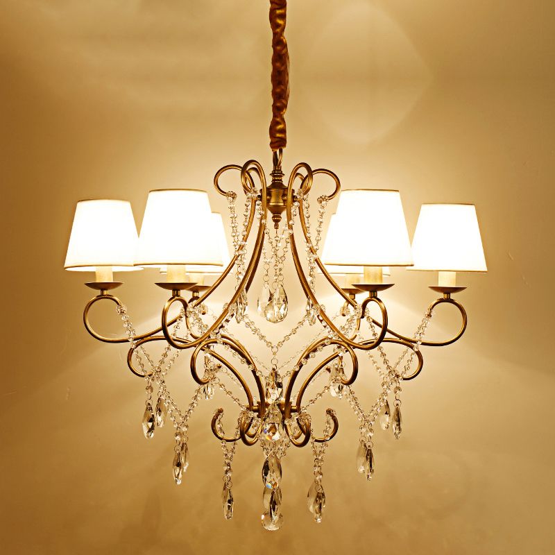 Gold Finish Ceiling Hang Light Vintage Metal Candlestick Chandelier with Crystal Strand