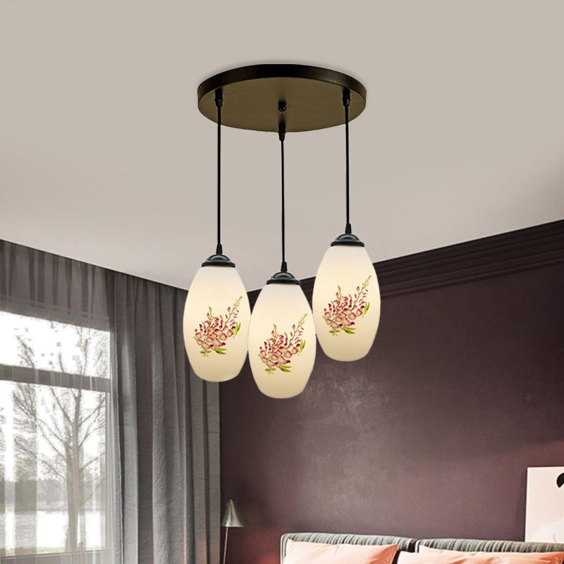 Minimalism Oval Multi Lamp Pendant 3 Heads White Frosted Glass Suspension Light in Black with Linear/Round Canopy