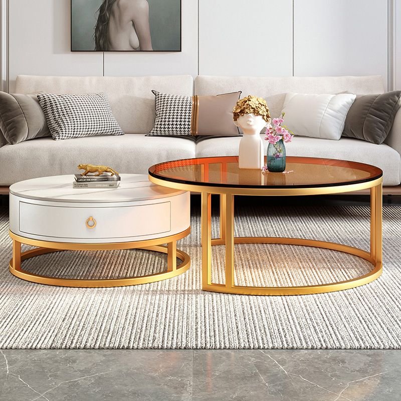 Round Coffee Table Glass Top 2 Nesting Coffee Table Set with Storage