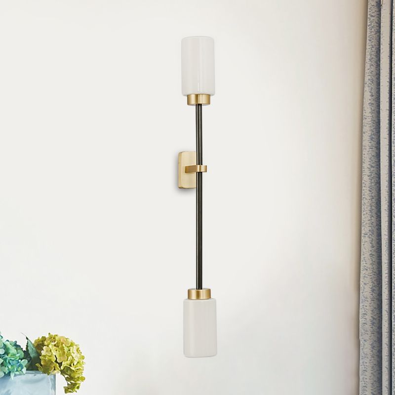 2 Heads Living Room Sconce Light Modernism Gold Wall Mount Lamp with Tube White Glass Shade