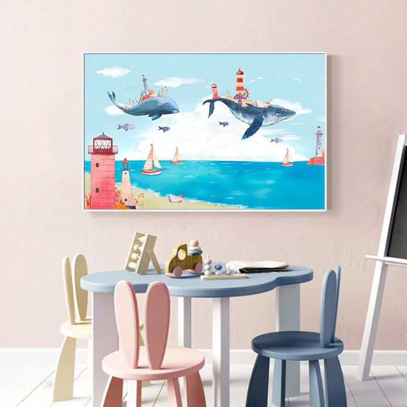 Fantasy Flying Whales Adventure Canvas Kids Style Textured Wall Art in Pastel Blue