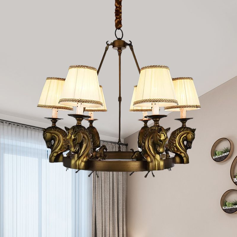 Luminaire luminaire en tissu conique country 6 têtes de salon suspendu en blanc / bronze avec conception de tête de cheval en métal
