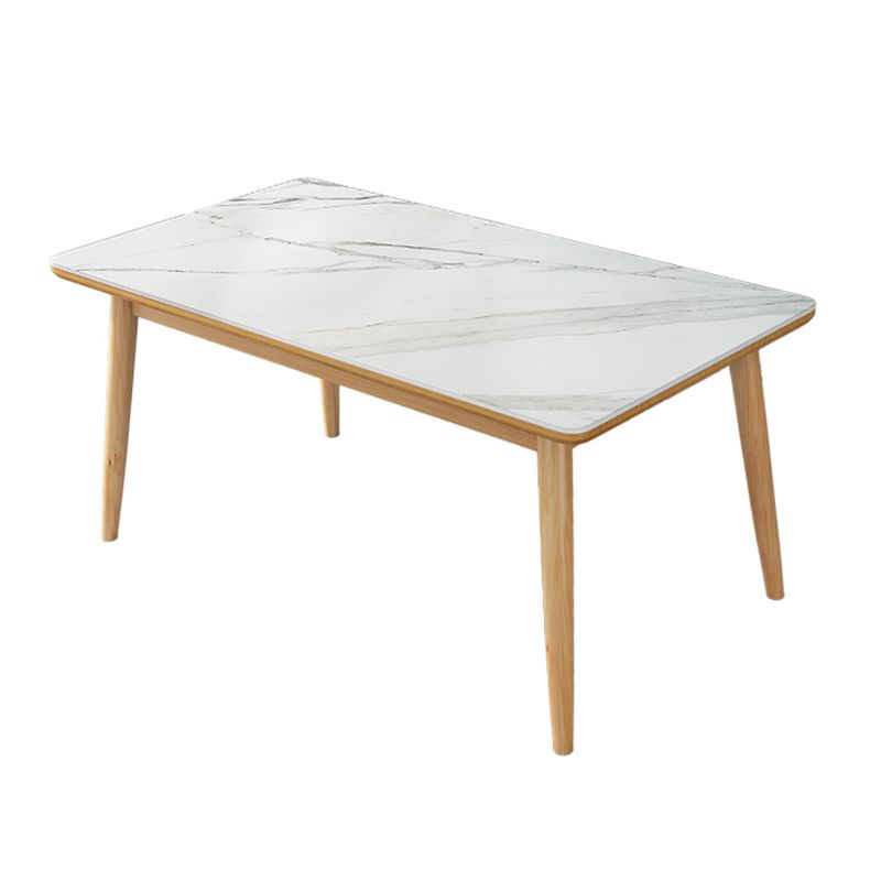 Modern White Rectangle Stone Dining Table with 4 Wooden Foot