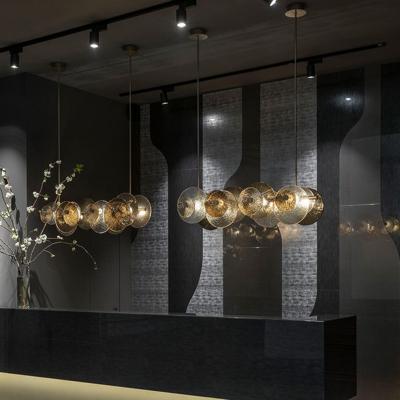 Disc Textured Glass Island Lighting Postmodern 4-Light Brass Suspension Light for Dinner