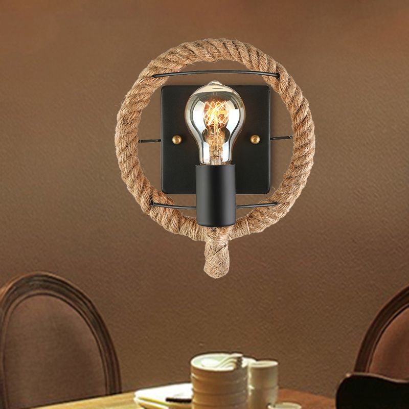 Roped Round/Oval Wall Light with Bare Bulb Nautical Style 1 Light Restaurant Wall Sconce Lighting in Black