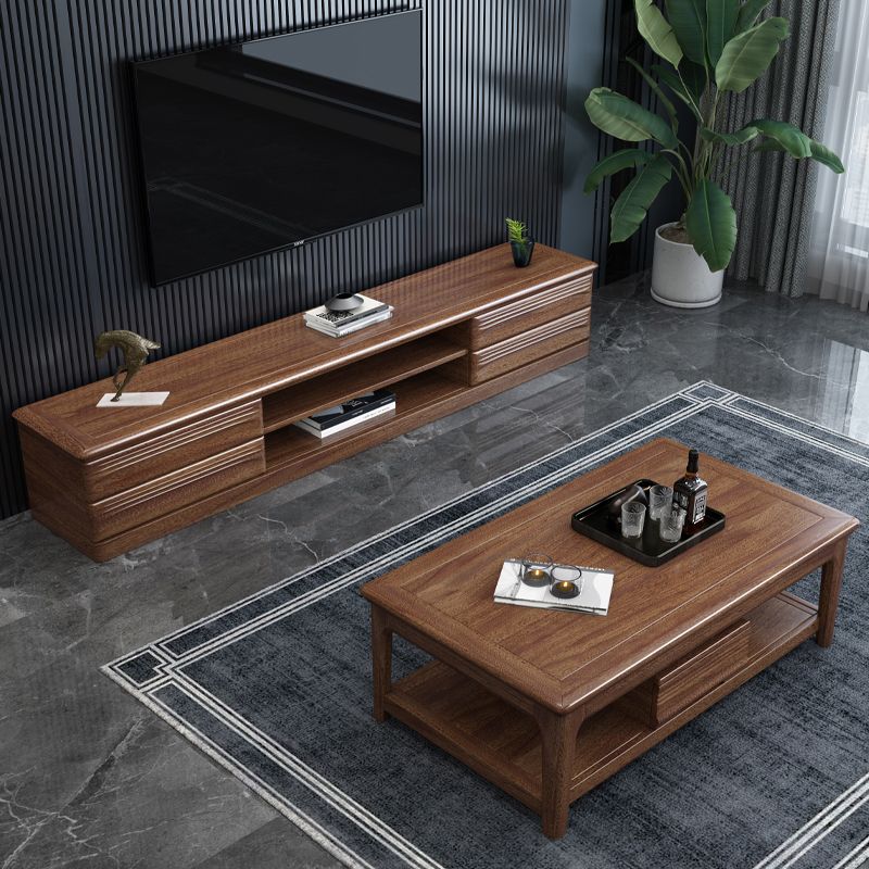 Solid Wood Coffee Table with Storage Drawers and 4 Legs Brown