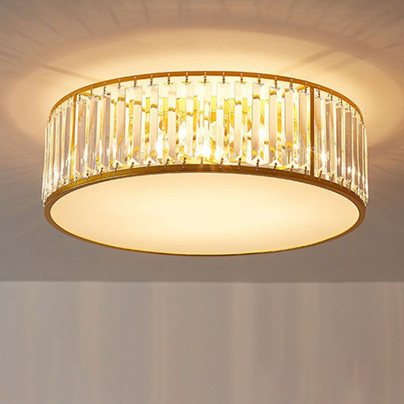 Bedroom Ceiling Mount Light Postmodern Gold Flush Mount Lamp with Drum Crystal Shade