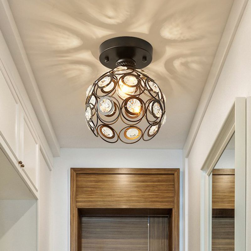 Black Ball Semi Flush Light Retro Single-Bulb Crystal Ceiling Light for Corridor
