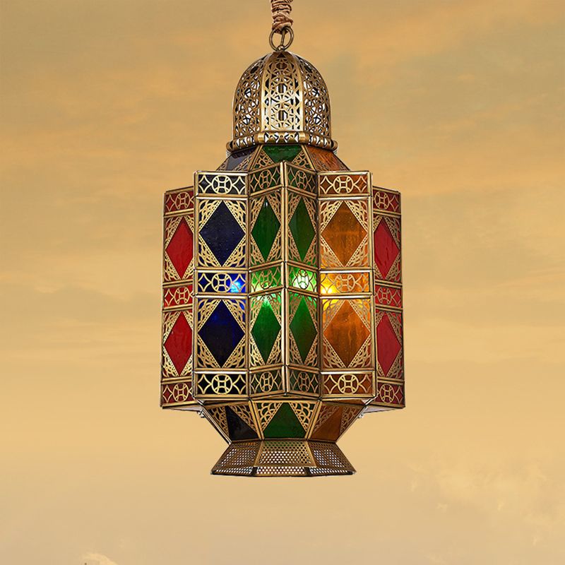 Lantern Stained Glass Hanging Light Fixture Art Deco 3 Bulbs Corridor Pendant Chandelier in Brass with Carved Design