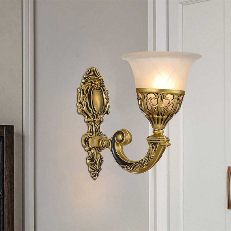 1 Bulb Frosted Glass Sconce Light Fixture Classic Bronze Living Room Wall Mounted Lamp with Carved Backplate