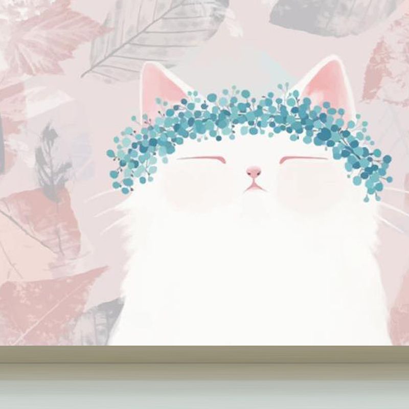 Kawaii Kitten with Wreath Mural for Girls Bedroom Animal Wall Covering, Customized