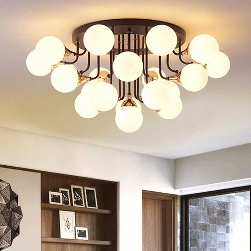 6/10/13 Lights Corridor Semi Flush Chandelier Milk White Glass Shaded Sphere Ceiling Mounted Light in Black