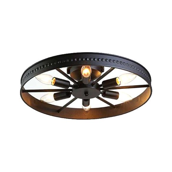 Black/Bronze 6 Heads Semi Flush Ceiling Light Farmhouse Stylish Metallic Wheel Shade Ceiling Lamp for Living Room