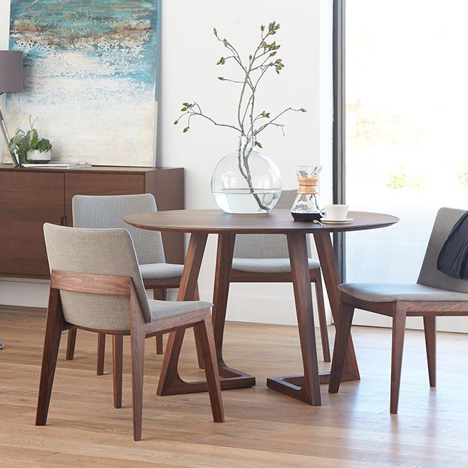 Round Modern Dining Table Brown Solid Wood Table with Double Pedestal Base