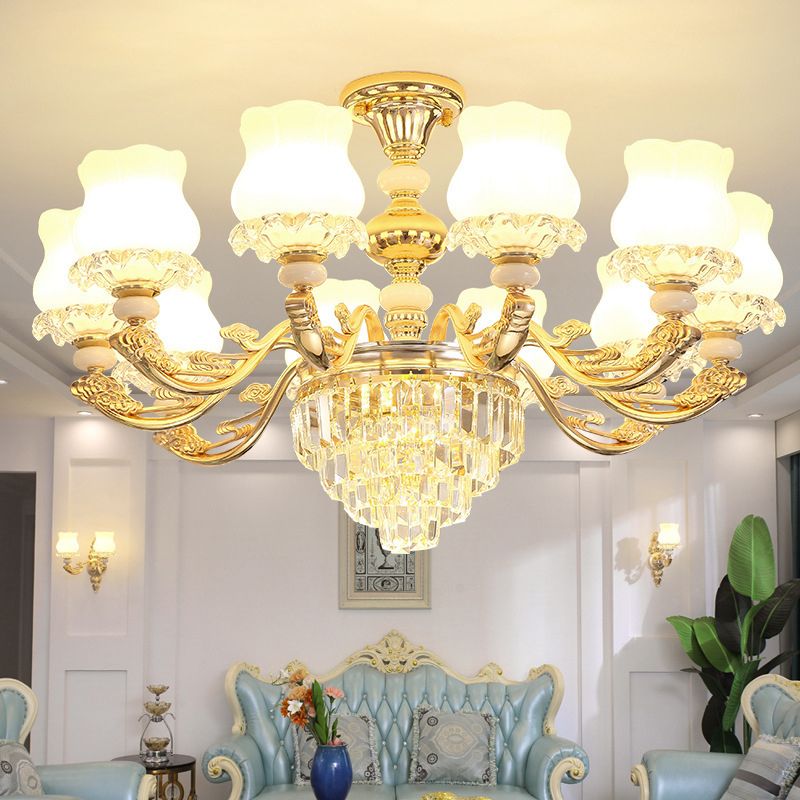 Gold Chandelier Light Retro Opal Glass Bud Pendant Light Fixture with Tiered Crystal Decor
