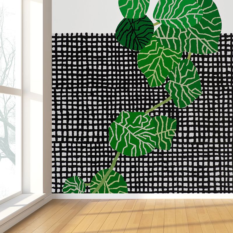 Plaid and Plant Wall Mural Modern Decorative Living Room Wall Covering, Custom Size Available