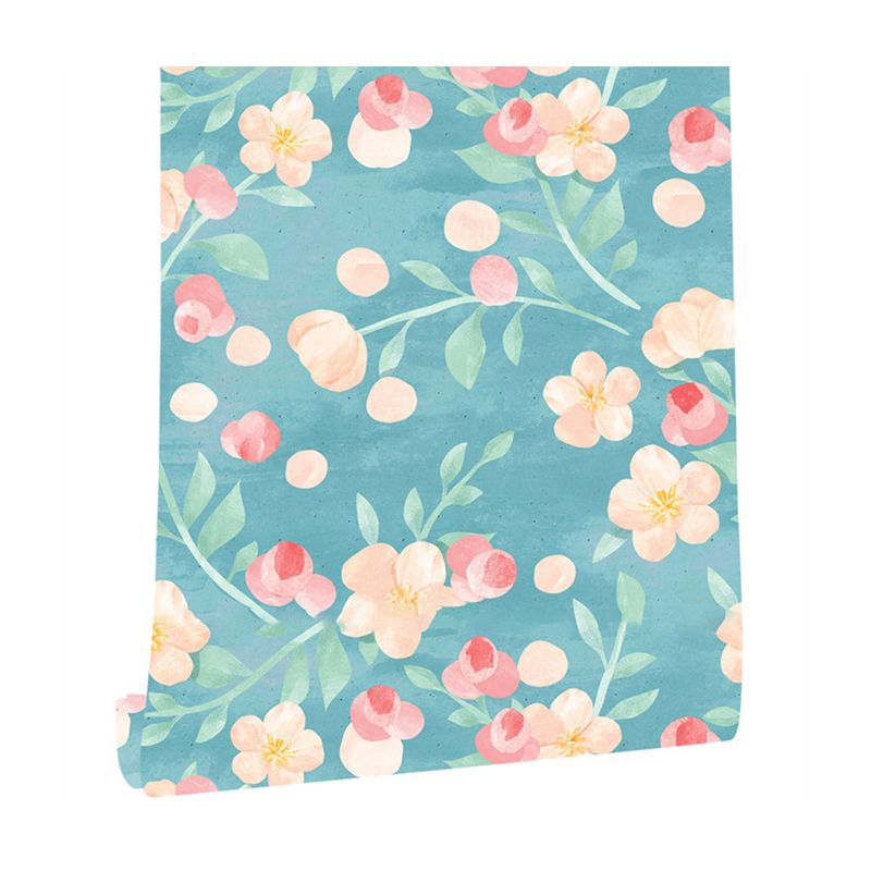 Blue Flower Branch Adhesive Wallpapers Easy Peel Off Wall Covering for Kitchen, 34.2-sq ft