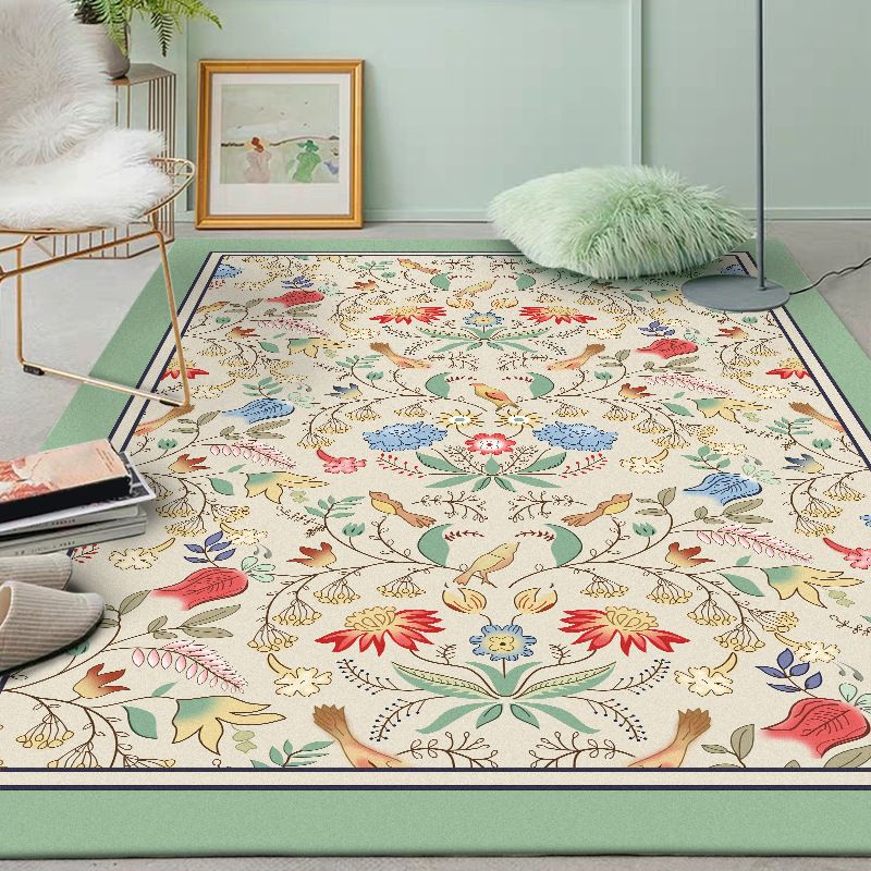 Retro-vloerkleed met bloemen met bladbeige en groen klassiek tapijten polyester wasbaar niet-slip achterstallige ruggengrens voor de woonkamer