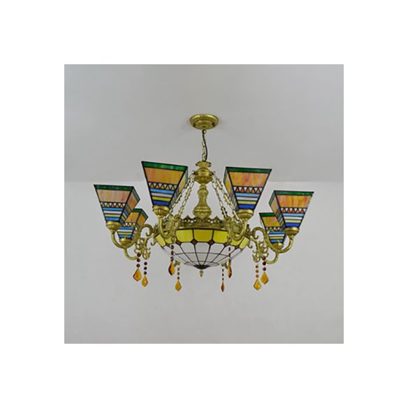 Stained Glass Pyramid Suspension Light Rustic 9 Lights Chandelier with Crystal in Yellow for Bedroom