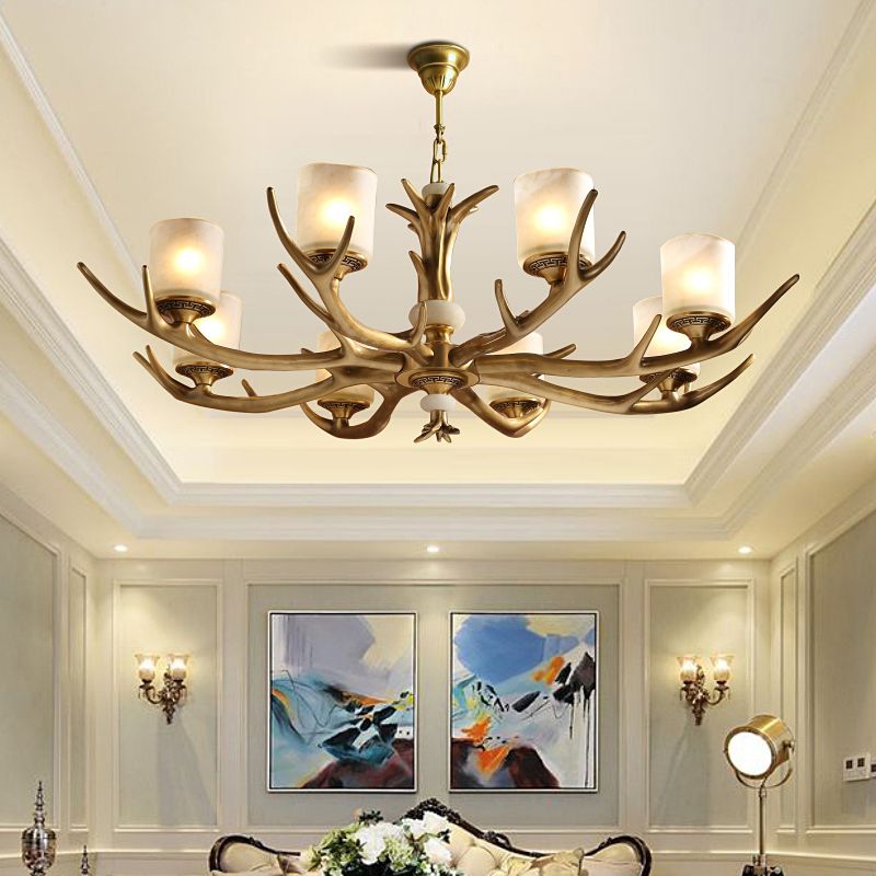 Multi-Head Chandelier Light Fixtures Rustic Antler Chandelier Pendant Lamp with White Glass Shade