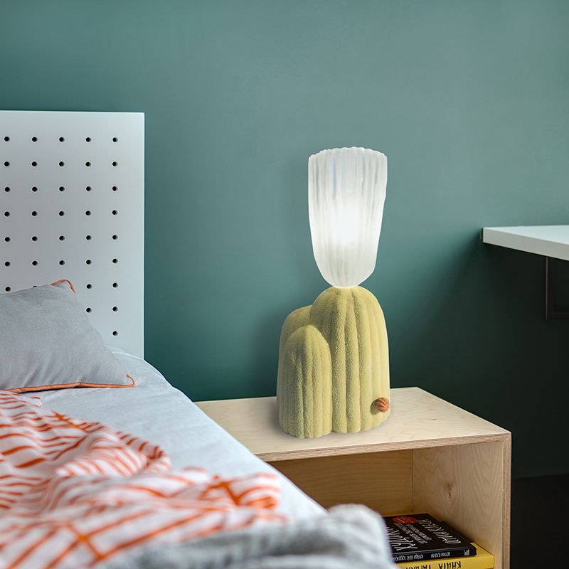 Resin Cactus Table Lamp Artistry 1-Light Nightstand Light with Floral Ribbed Glass Shade